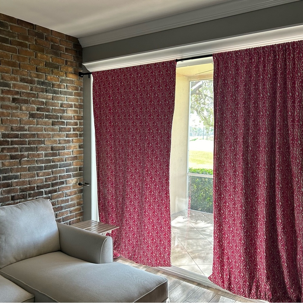 95” hot pink blackout curtains (40 in wide),
can let down to be longer (108”).